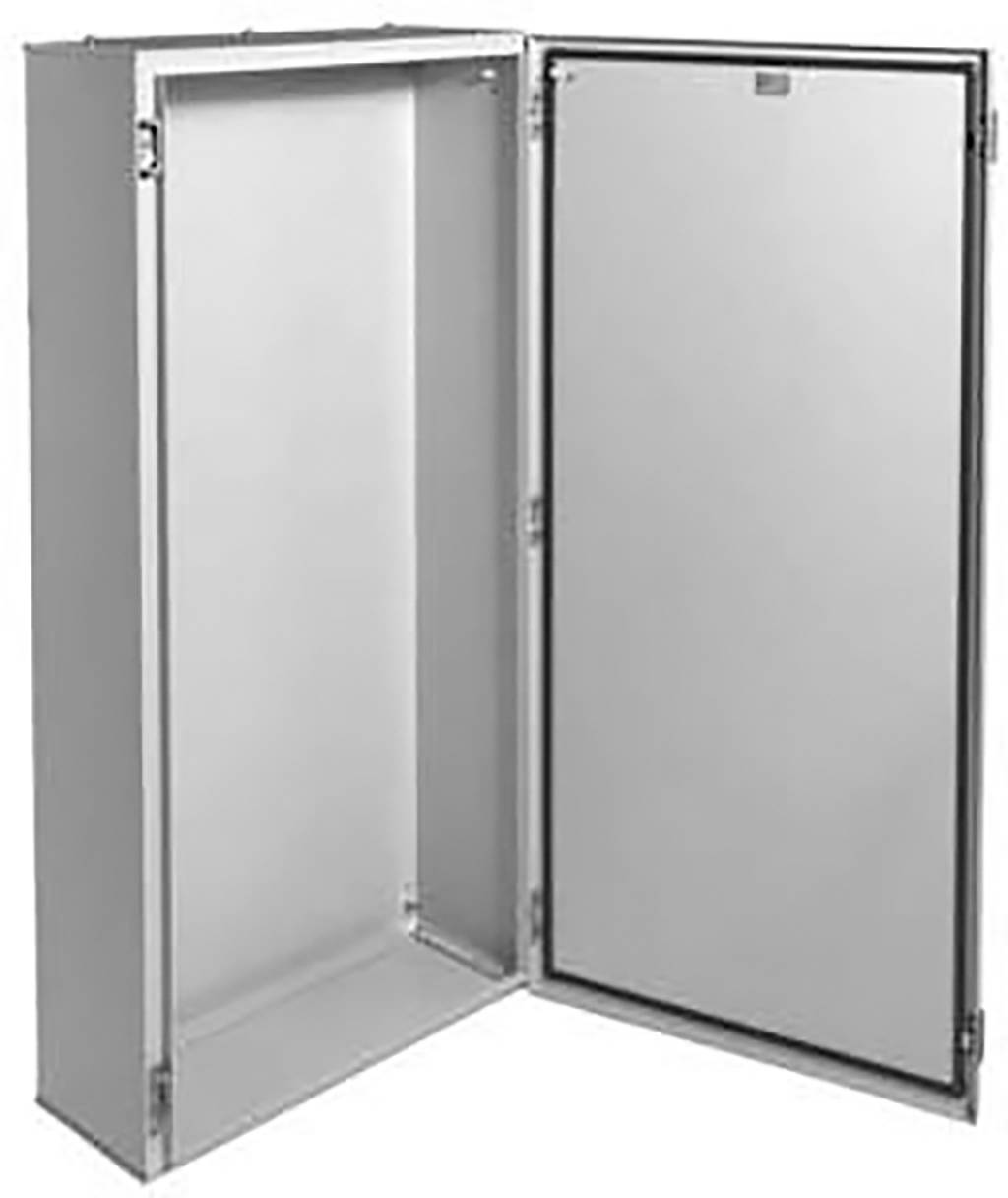 Armadio metallico con porta aperta. L'armadio è vuoto, mostra un interno semplice ed è realizzato in metallo robusto.