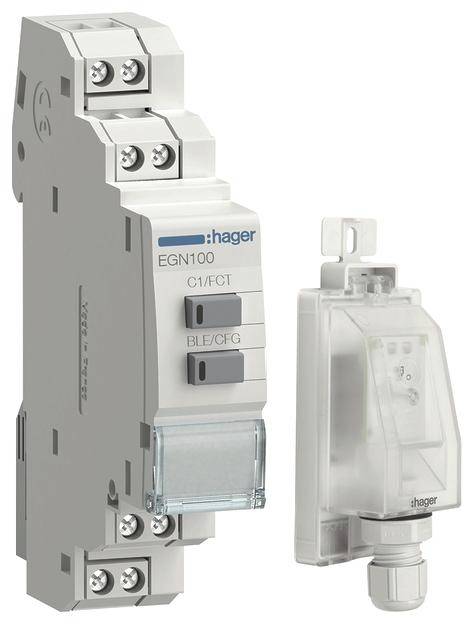 Schütz, componente per impianti elettrici, a sinistra con marcatura 'EGN100', a destra un componente trasparente. Prevalentemente grigio.