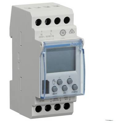 Orologio elettronico a intervalli per guida DIN, con display che mostra le impostazioni correnti. Involucro con multiple possibilità di connessione.