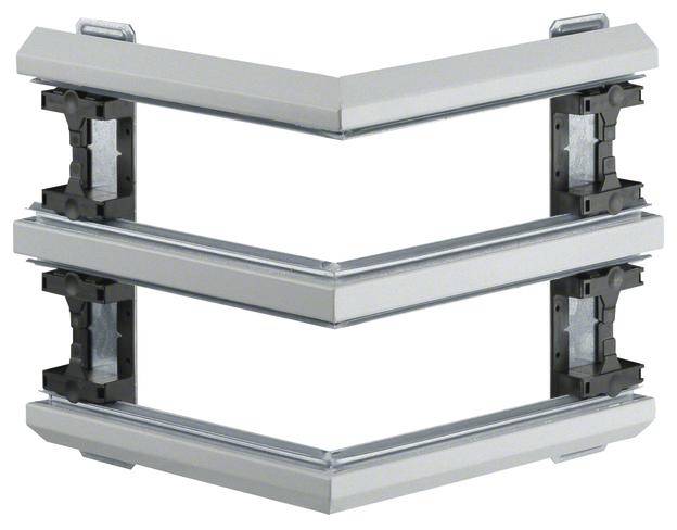 Un telaio angolare a doppia cornice in metallo argentato con elementi di connessione neri, probabilmente parte di un sistema industriale o edile.