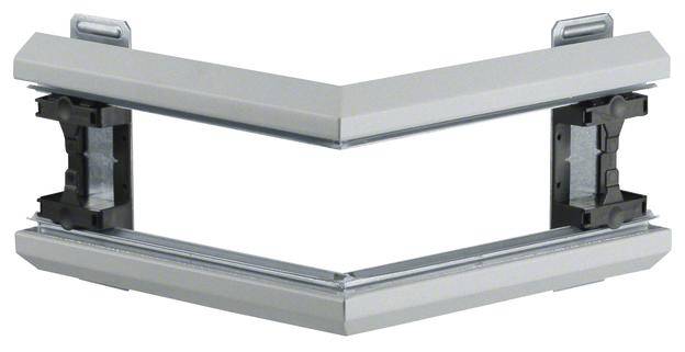 Un pezzo di metallo argentato a forma di V con due supporti scuri su ciascun lato, probabilmente un componente di un sistema di montaggio.
