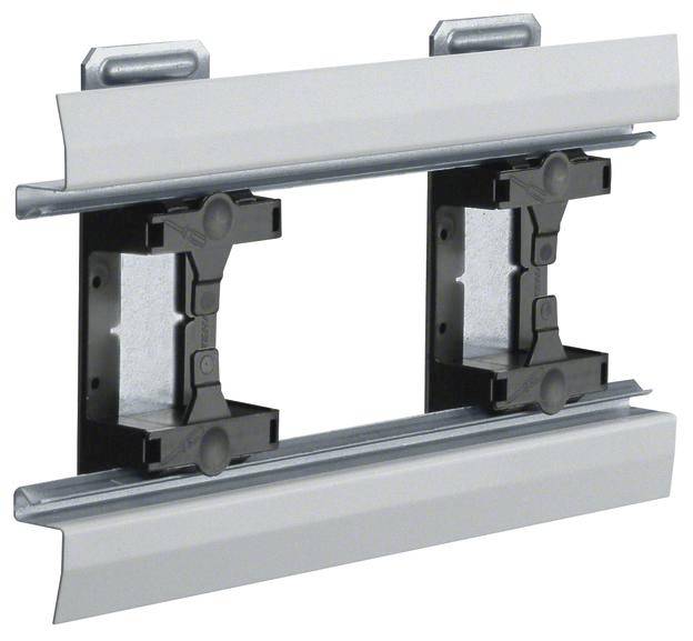 Un sistema di montaggio con due binari orizzontali, utilizzato per il fissaggio di componenti. I binari mostrati sono di colore grigio.