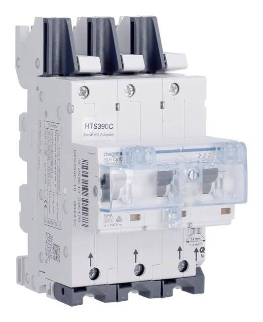 Un interruttore magnetotermico trifase con la sigla 'HTS390C', utilizzato per la protezione di circuiti elettrici.