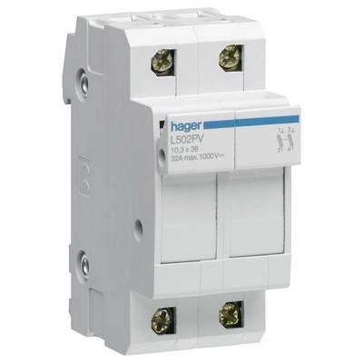 Un interruttore automatico bipolare Hager, modello L502PV, progettato per 32A e 1000V.