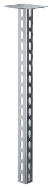 Supporto metallico con base quadrata e fori quadrati regolari lungo l'intera lunghezza per scopi di montaggio.