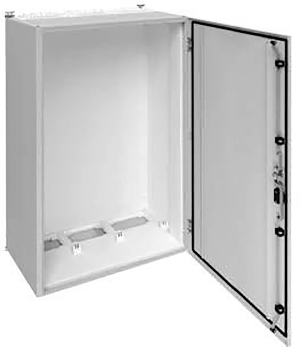 Contenitore metallico aperto e vuoto con cerniere e chiusure. Adatto per installazioni elettriche o elettroniche.
