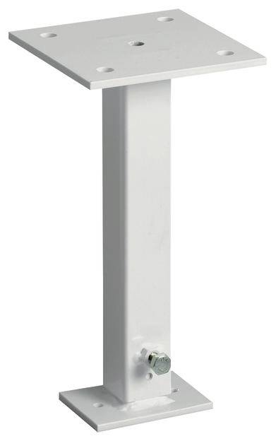 Supporto metallico con flangia rettangolare superiore e inferiore, rinforzato da un bullone centrale.
