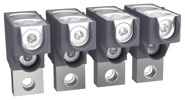 Quattro blocchi terminali elettrici in fila, con parti metalliche argentate e involucri in plastica grigia. Sono utilizzati per il cablaggio.