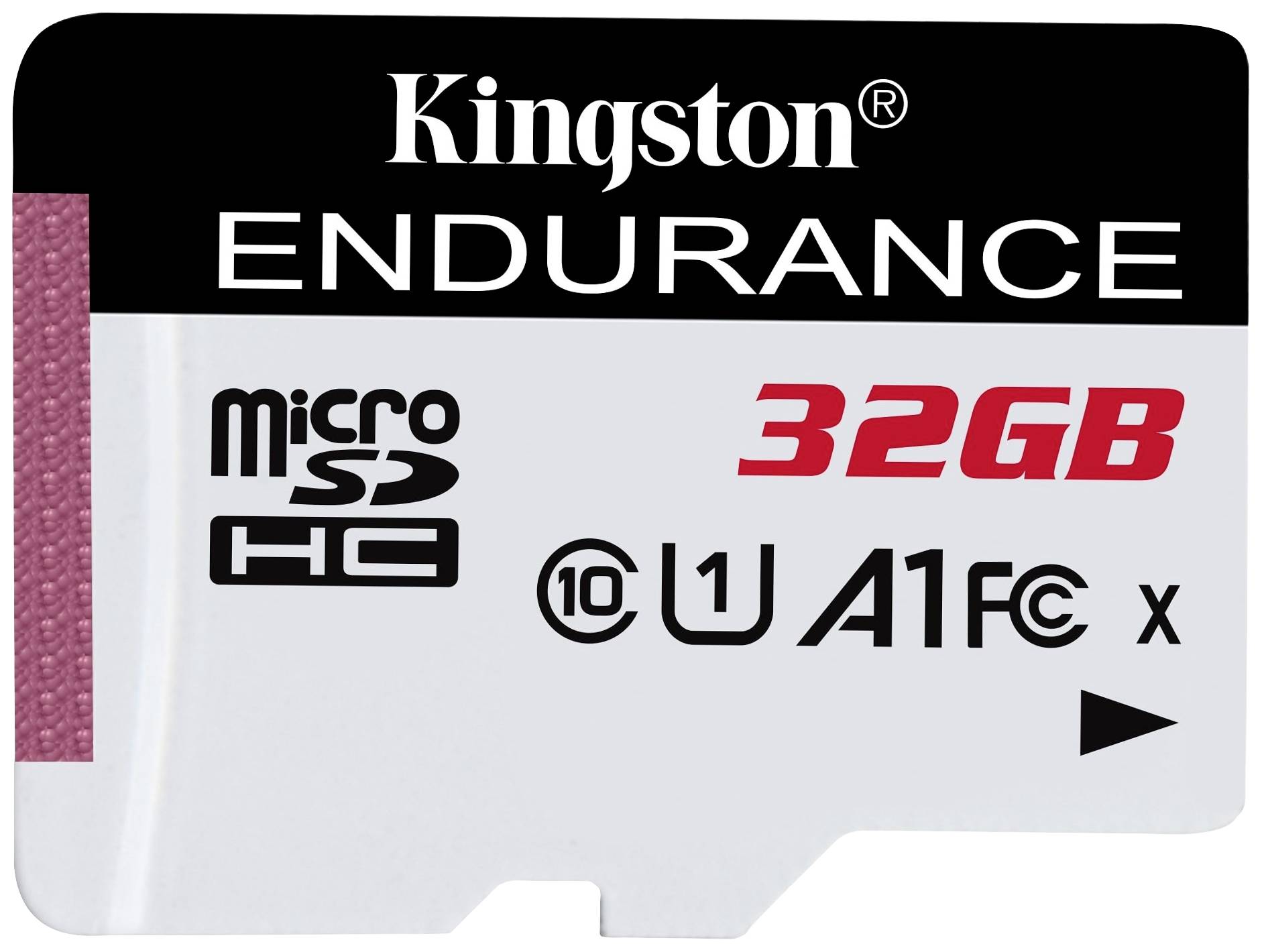 L'immagine mostra una scheda Kingston Endurance MicroSDHC da 32 GB. Adatta per applicazioni U1 e A1.