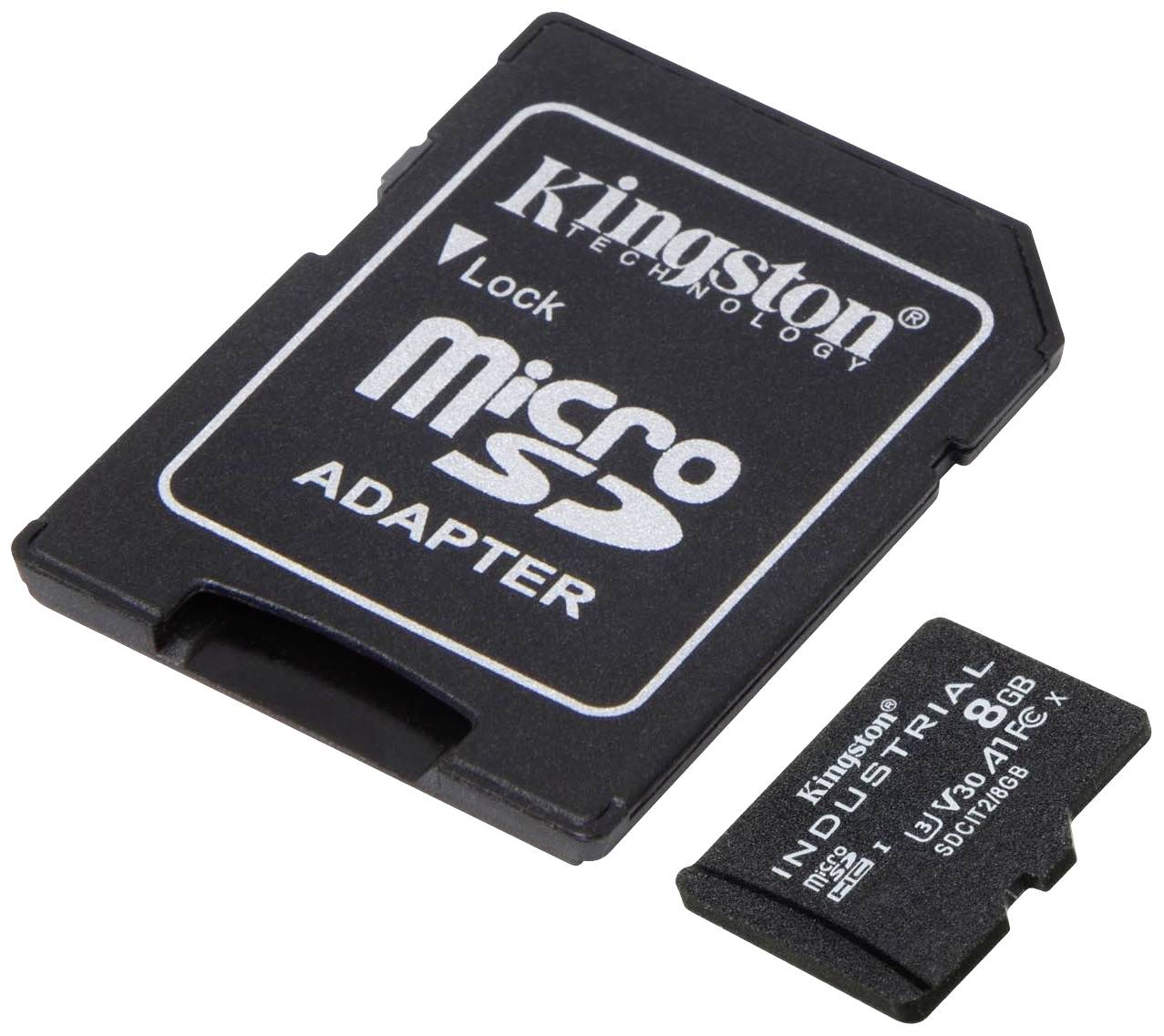 Adattatore Kingston per microSD con scheda microSD. Adattatore e scheda su sfondo bianco. Utilizzato per l'espansione della memoria nei dispositivi.