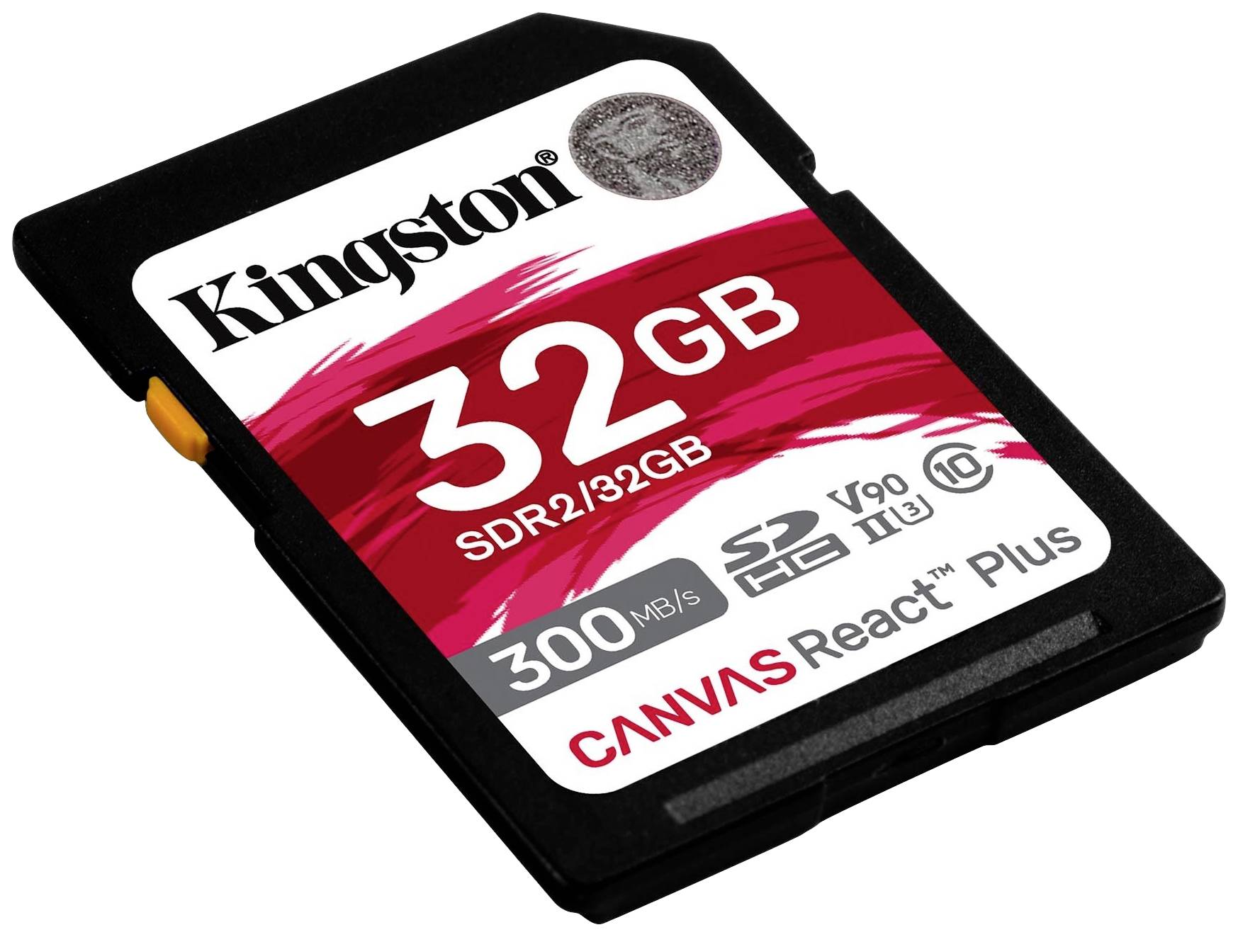 Una scheda di memoria SD con la scritta 'Kingston 32GB CANVAS React Plus', classe di velocità V90, velocità di lettura/scrittura 300 MB/s.