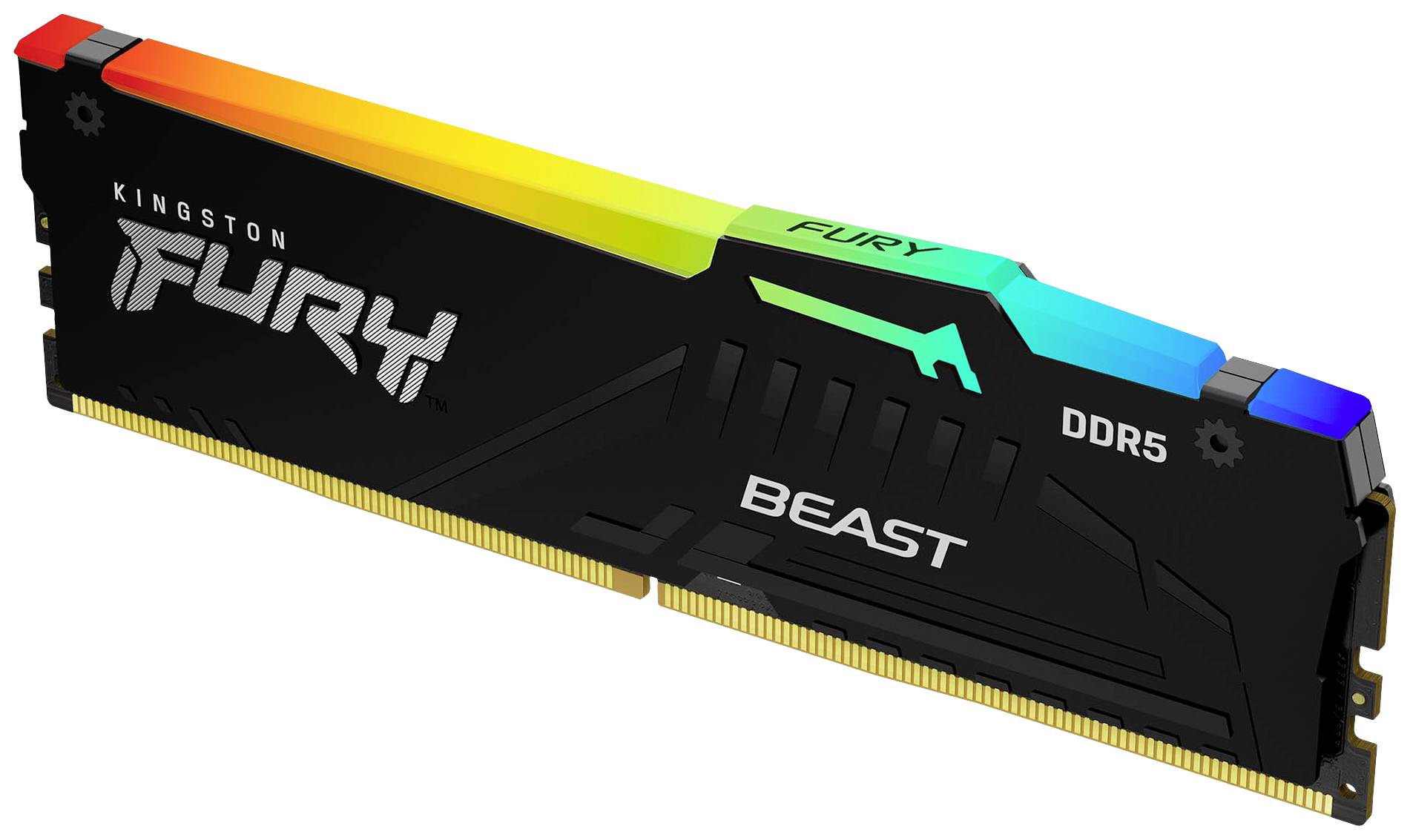 Un modulo RAM Kingston Fury Beast DDR5 con effetti luminosi RGB. Ha una copertura nera con dettagli del marchio e del modello in argento.
