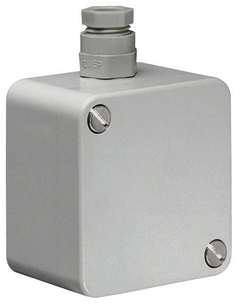 Scatola di distribuzione elettrica grigio-antracite con due viti sul lato frontale, idonea per la distribuzione di connessioni di cavi.