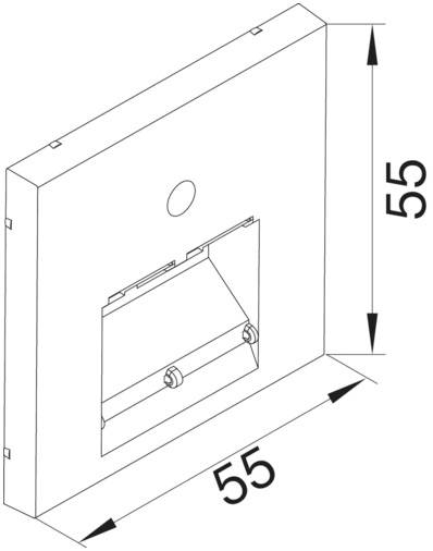 Schizzo di una cornice quadrata con dimensioni 55x55 mm e un'apertura centrale. Sopra l'apertura è presente un punto.