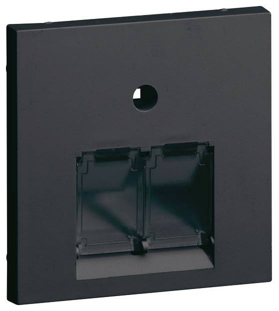 Coperchio nero con due aperture per connessioni di rete, forma rettangolare, con foro tondo in alto, moderno e minimale.