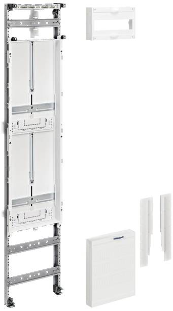 Contenitore di installazione alto con vani modulari, coperchio e accessori, idoneo per montaggio a pannello.
