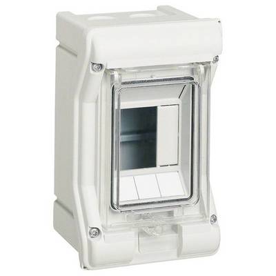 Involucro elettrico bianco con coperchio trasparente, adatto per uso interno ed esterno, che mostra due interruttori al suo interno.