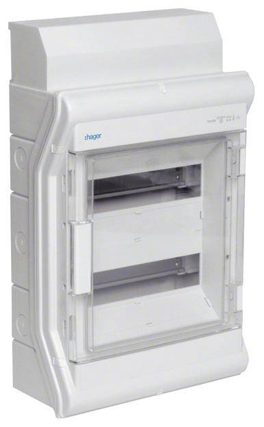 Quadro elettrico con coperchio in plastica trasparente, due file per fusibili, logo del produttore in alto a sinistra.