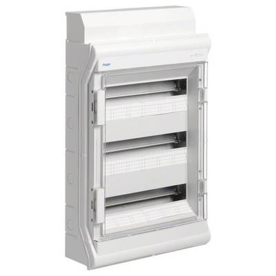 Un box di sicurezza bianco con tre file verticali per inserti di armadi elettrici. Nome del marchio in alto a sinistra.