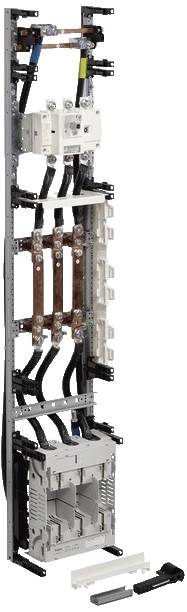 Kit di installazione per quadro elettrico che mostra componenti modulari per connessioni elettriche, inclusi sbarre e supporti per cavi.