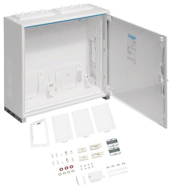 Armadio elettrico aperto con rivestimento bianco, contenente vari connettori e componenti di installazione, idoneo per cablaggi elettrici.