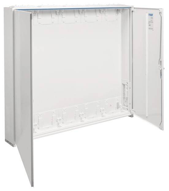 Scatola di distribuzione metallica con due porte aperte, che mostra lo spazio interno per il montaggio flessibile di componenti elettrici.