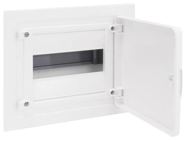 Scatola di distribuzione bianca con porta aperta, mostra un vano vuoto per l'installazione di componenti elettrici, montata a parete.