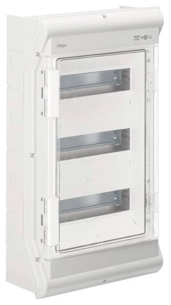 Quadro elettrico in plastica bianca con sportello ribaltabile trasparente, mostra tre file vuote per dispositivi di comando.