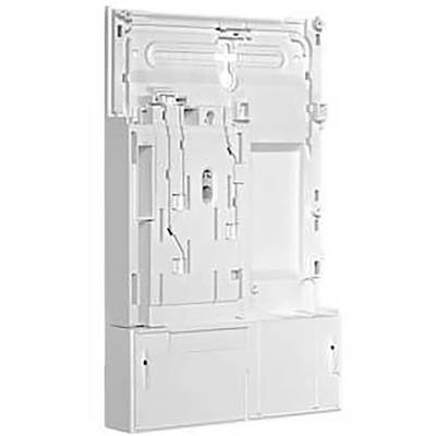 Supporto in plastica bianco, montato verticalmente. Contiene tagli e punti di fissaggio per componenti o dispositivi elettronici.