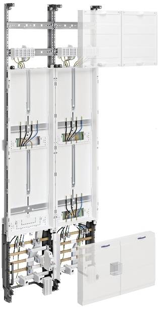 Taglio verticale di un quadro elettrico con sportelli aperti, che mostra connessioni dei cavi e componenti di sicurezza.