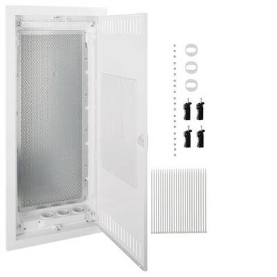 Un quadro elettrico bianco aperto con lamiera interna forata, accanto al quale sono posizionati viti, guarnizioni e barre metalliche per il montaggio.