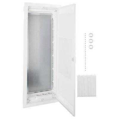 Scatola elettrica per installazioni con porta bianca aperta, che mostra la griglia di ventilazione. Sulla destra sono posizionati componenti accessori.