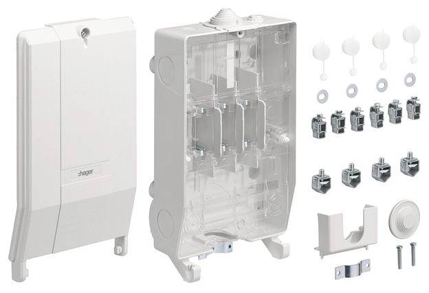 Set quadro elettrico con involucro, elementi di fissaggio e accessori, progettato per impianti elettrici, Hager.