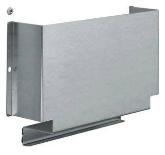 Supporto per canale metallico, forma rettangolare, per montaggio a parete. Contiene fori per il fissaggio con viti. Adatto per installazioni elettriche.