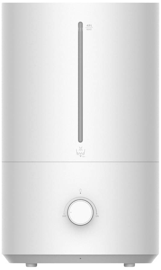 'Umidificatore bianco con manopola rotonda sul davanti per controllare l'umidità. Design snello e minimalista.'