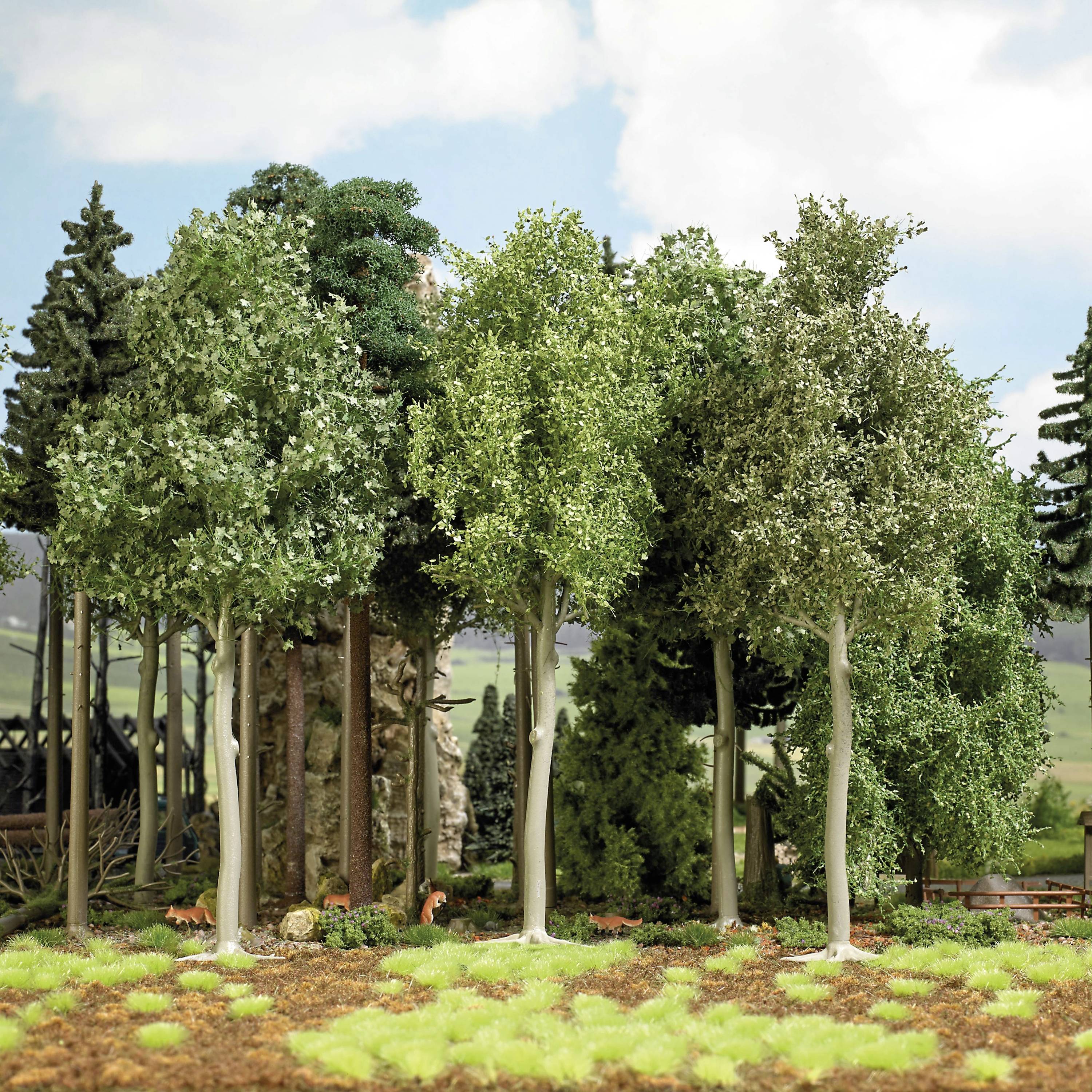 Diversi alberi sono presenti in un paesaggio in miniatura con fogliame verde e uno sfondo leggermente collinare.