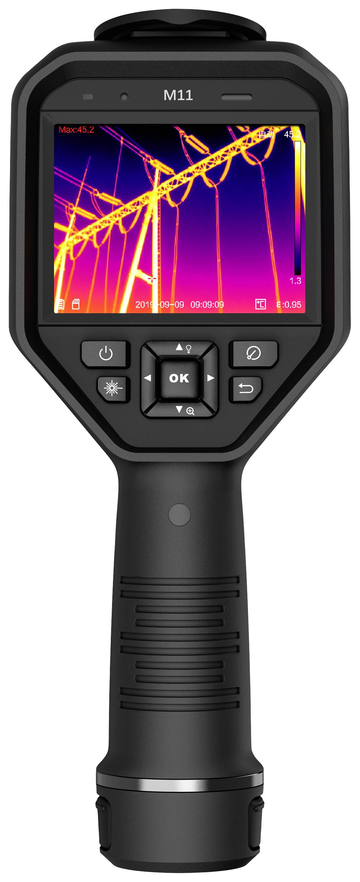 Termocamera mostra un monitor di termografia con andamenti di temperatura colorati. Tasto principale e pulsanti di controllo sotto lo schermo.