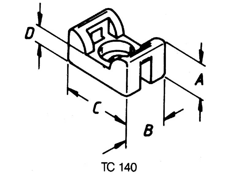 Disegno di un componente rettangolare con lunghezze contrassegnate: A, B, C, D. Ogni lunghezza è contrassegnata con una freccia. Il testo in basso recita 'TC 140'.