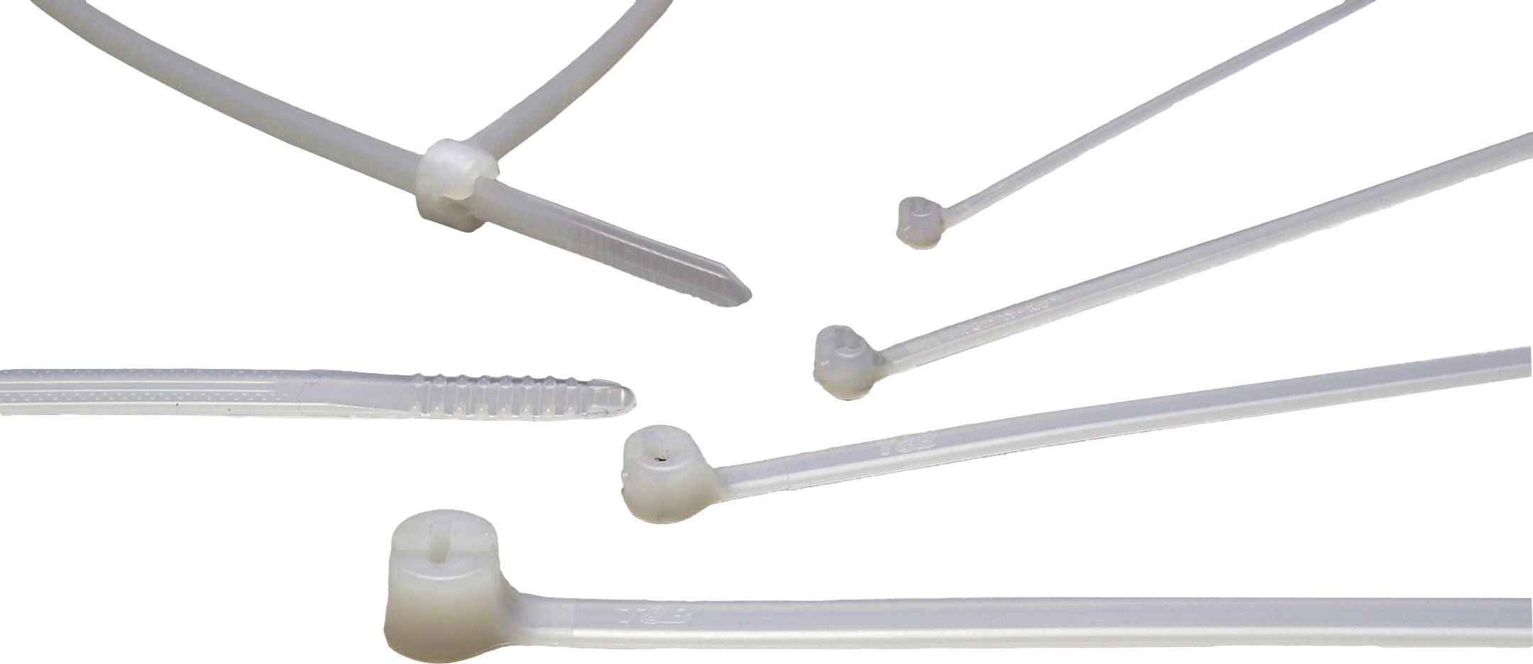 Diversi fascette stringicavo bianche di lunghezze e dimensioni differenti su sfondo bianco.