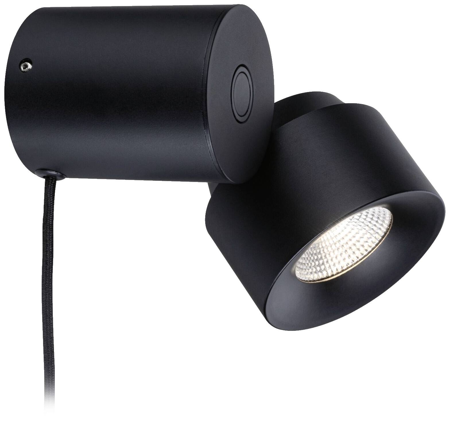 Applique da parete nero, cilindrico, con testa orientabile e illuminazione LED, dal design moderno e compatto, ideale per l'illuminazione di accento.