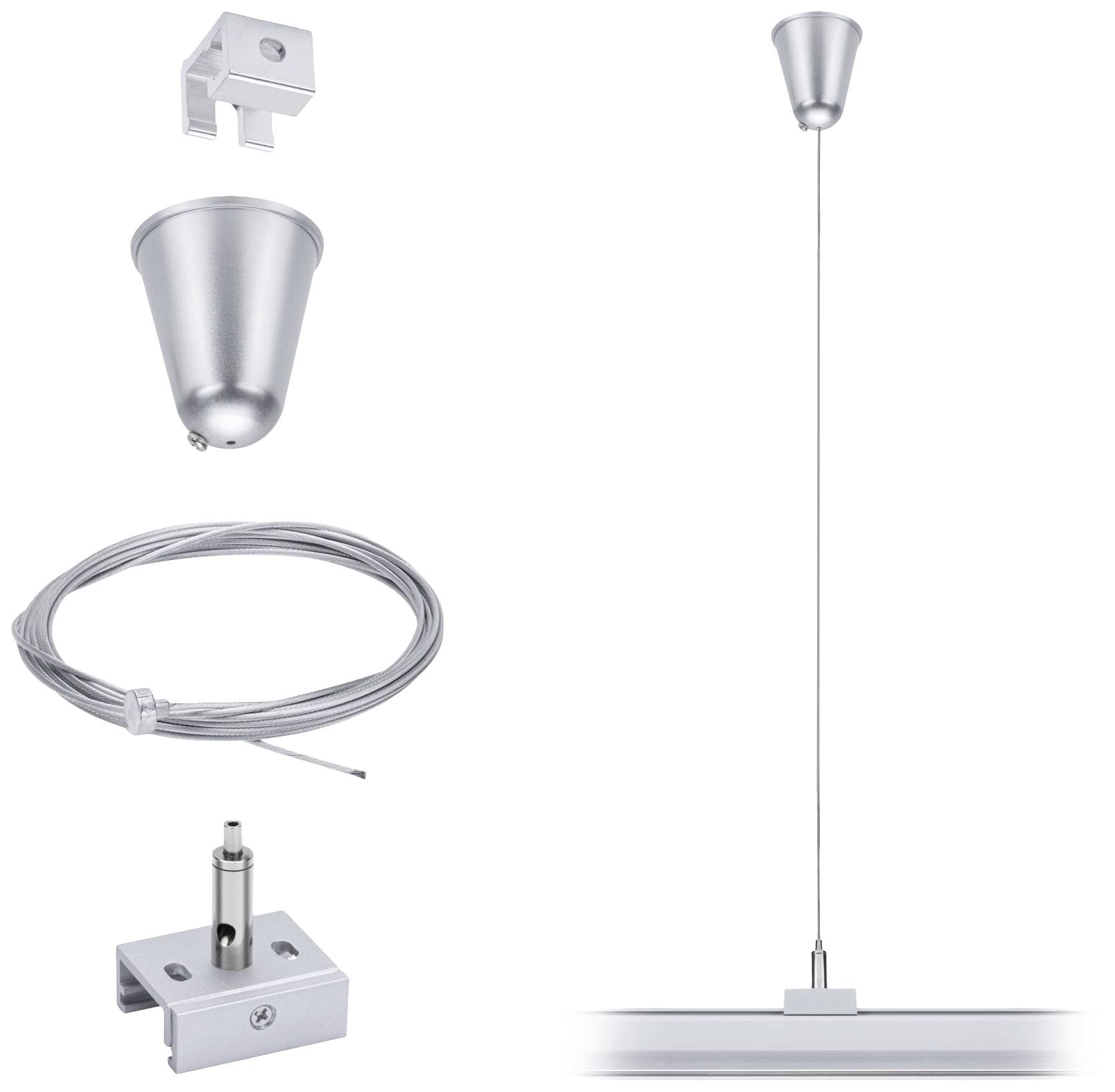 Sistema di illuminazione sospeso argentato composto da fissaggio a soffitto, cavo, fune d'acciaio e supporto per apparecchio lineare.