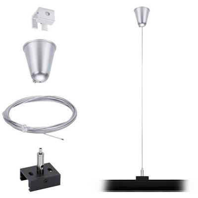 Sistema di sospensione a fune per lampade da soffitto: Composto da un supporto da soffitto, fune, pezzo di regolazione e portalampada. Ideale per un adattamento flessibile dell'altezza.