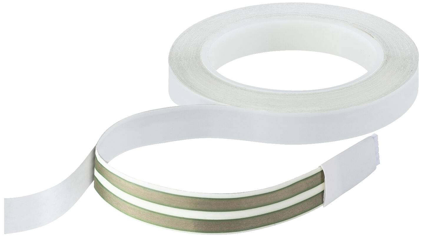 Un rotolo di nastro adesivo bianco a doppia faccia con una striscia srotolata, utilizzato per vari compiti di fissaggio.