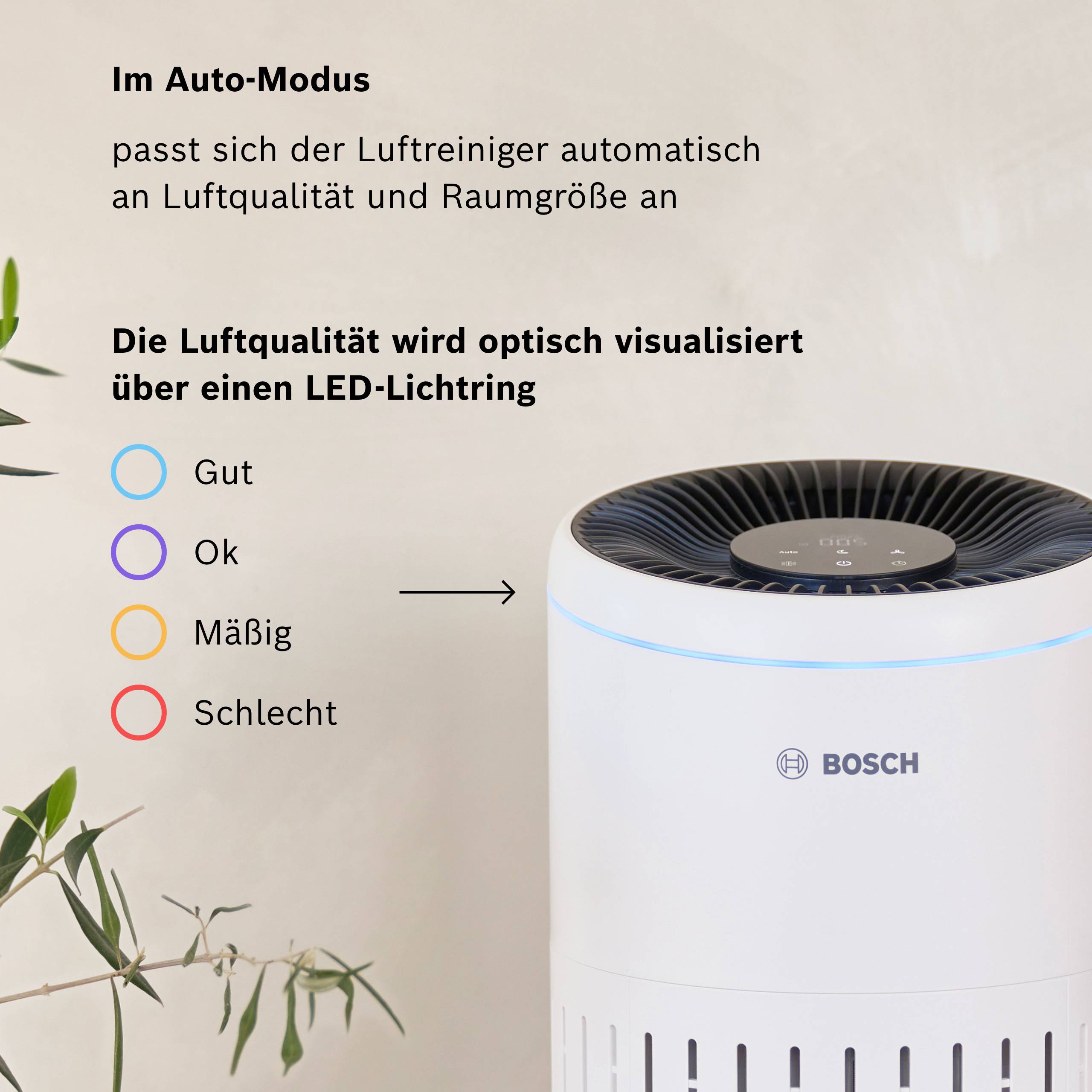 Il purificatore d'aria in modalità auto regola la potenza in base alla qualità dell'aria, resa visibile da anelli LED colorati.