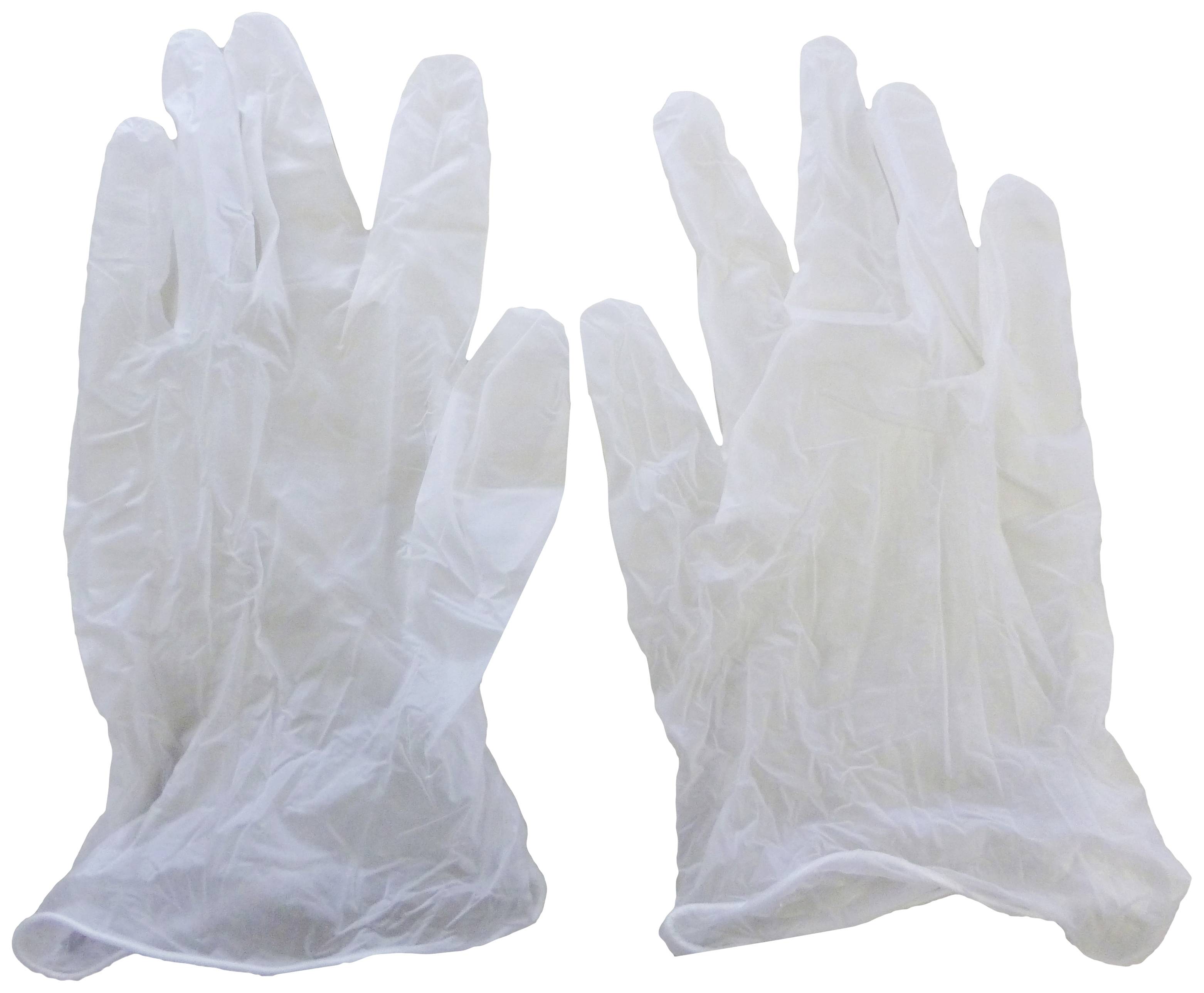 Una coppia di guanti monouso trasparenti in plastica, posizionati uno accanto all'altro.