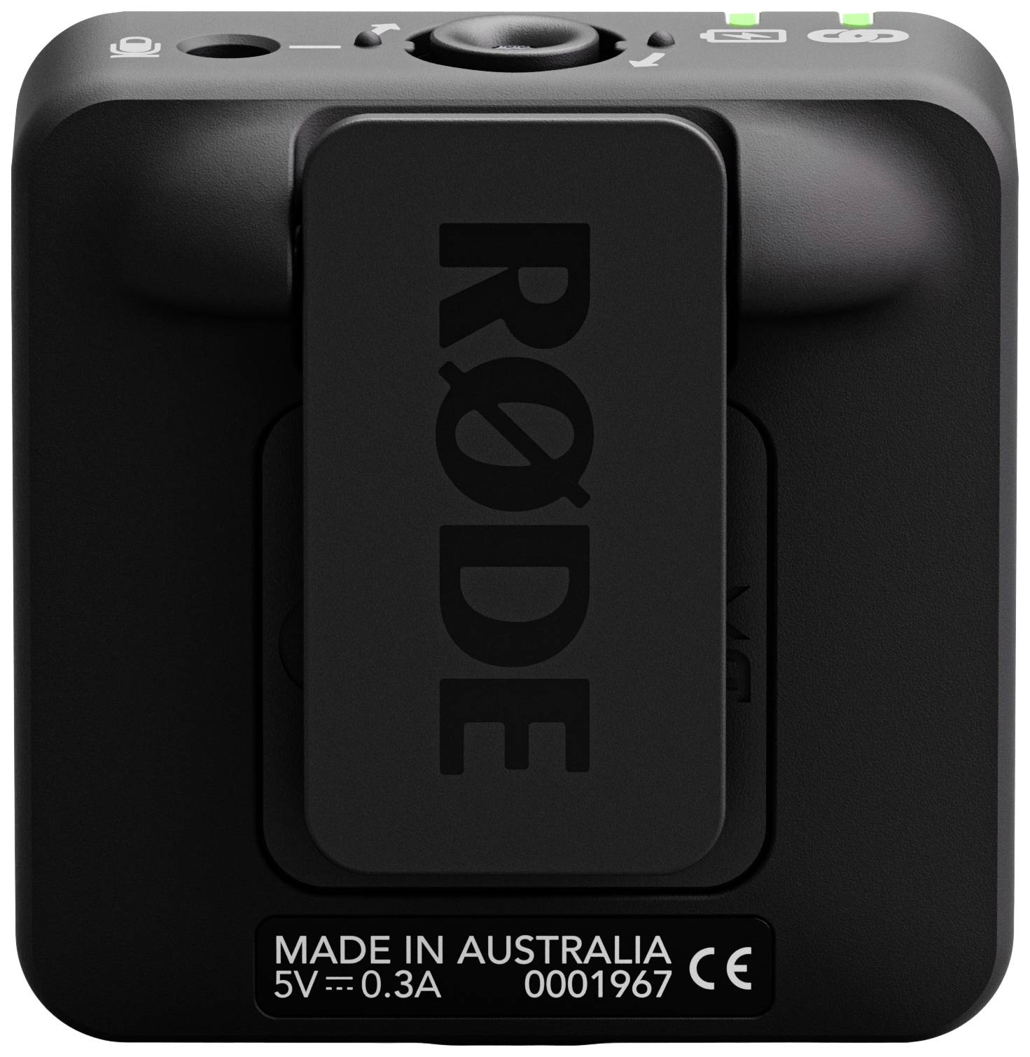Un piccolo dispositivo nero quadrato con clip, su cui è scritto 'RØDE'. Sotto è riportato 'MADE IN AUSTRALIA'.