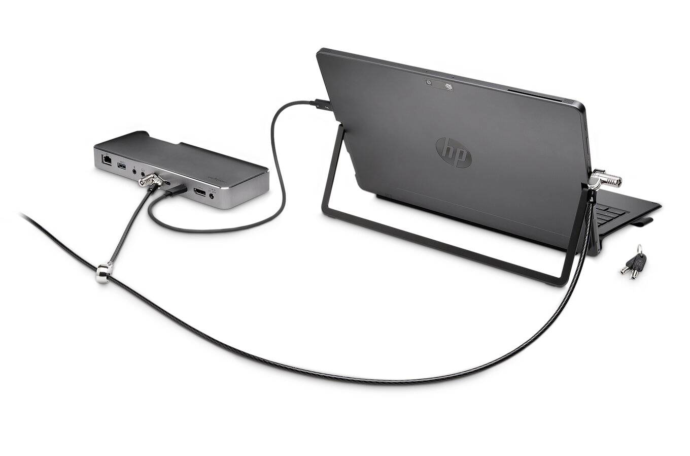 Un laptop è collegato a una docking station tramite un cavo. Un lucchetto di sicurezza protegge entrambi i dispositivi dal furto.