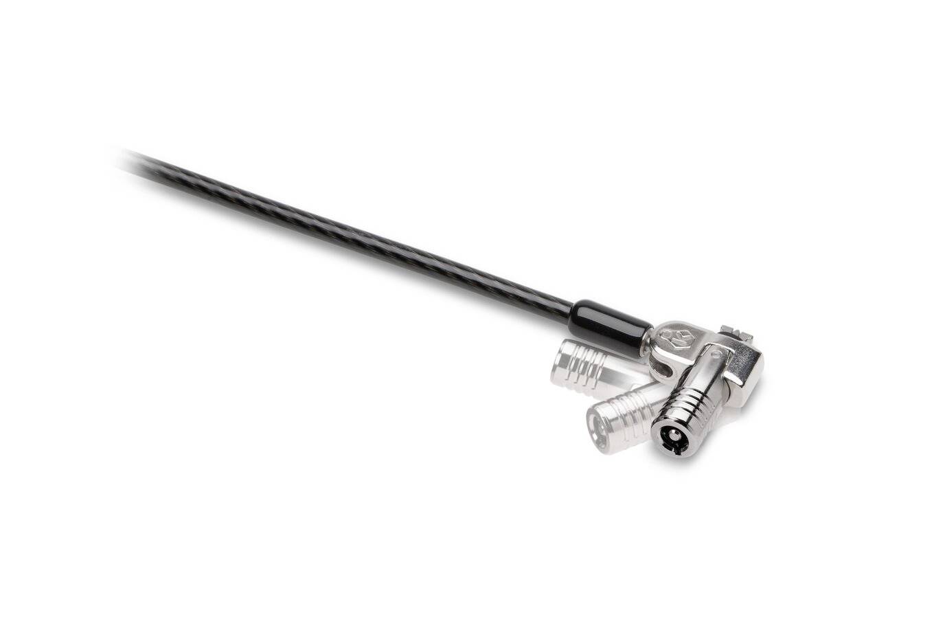 Un cavo nero e flessibile con un attacco metallico all'estremità, idoneo per connessioni elettriche o tecniche.