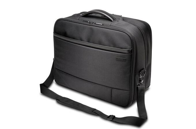Borsa nera per laptop con manico e tracolla, adatta per il trasporto di dispositivi elettronici e accessori.
