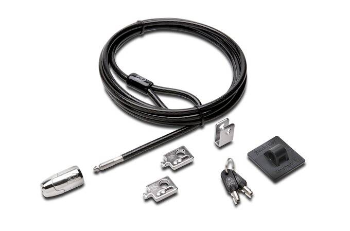 Set di lucchetto per cavi, composto da cavo, lucchetto, due chiavi e supporti di fissaggio, per la sicurezza di dispositivi elettronici.
